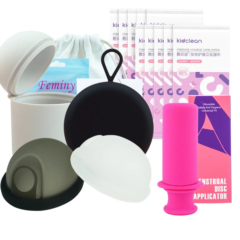 Feminy Menstrual Disc Kit Medical Grade Reusable Soft Silicone Period Disc with Sterilizer Case Applicator Leakproof Monthly Cup