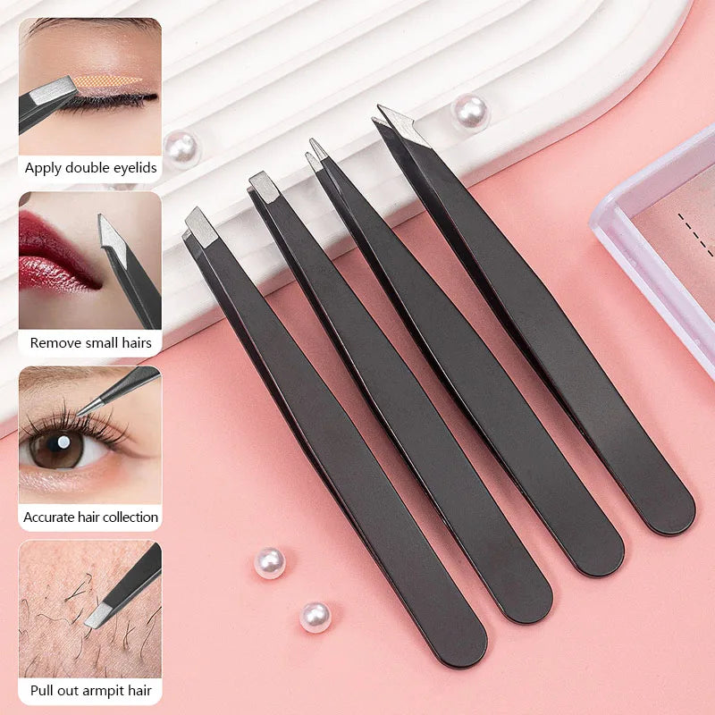 4Pcs Face Hair Removal Eyebrow Tweezers Pincet Clips Stainless Steel Lash Extension Tweezers Slant and Flat Point Beauty Tools