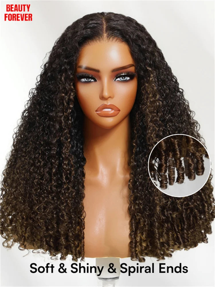 Beautyforever Burmese Curly Glueless Wig Finger Coily Ends 100% Human Hair Black to Chestnut Brown 7x5 Pre Cut Lace Wig 180%