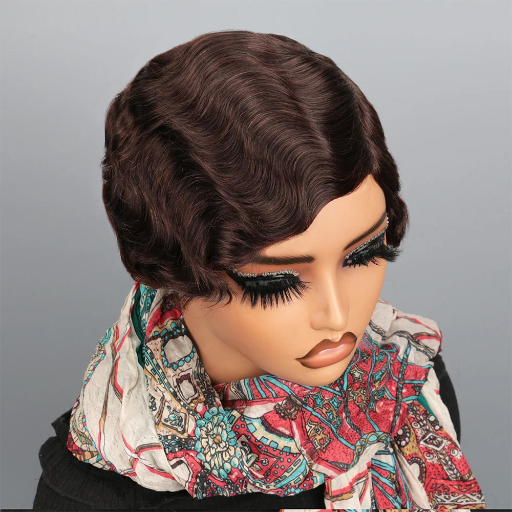 Short Wigs Human Hair Vintage Ocean Finger Wave Pixie Cut Wig for Black Women Glueless Costume Wigs Layered Machine Made No Glue