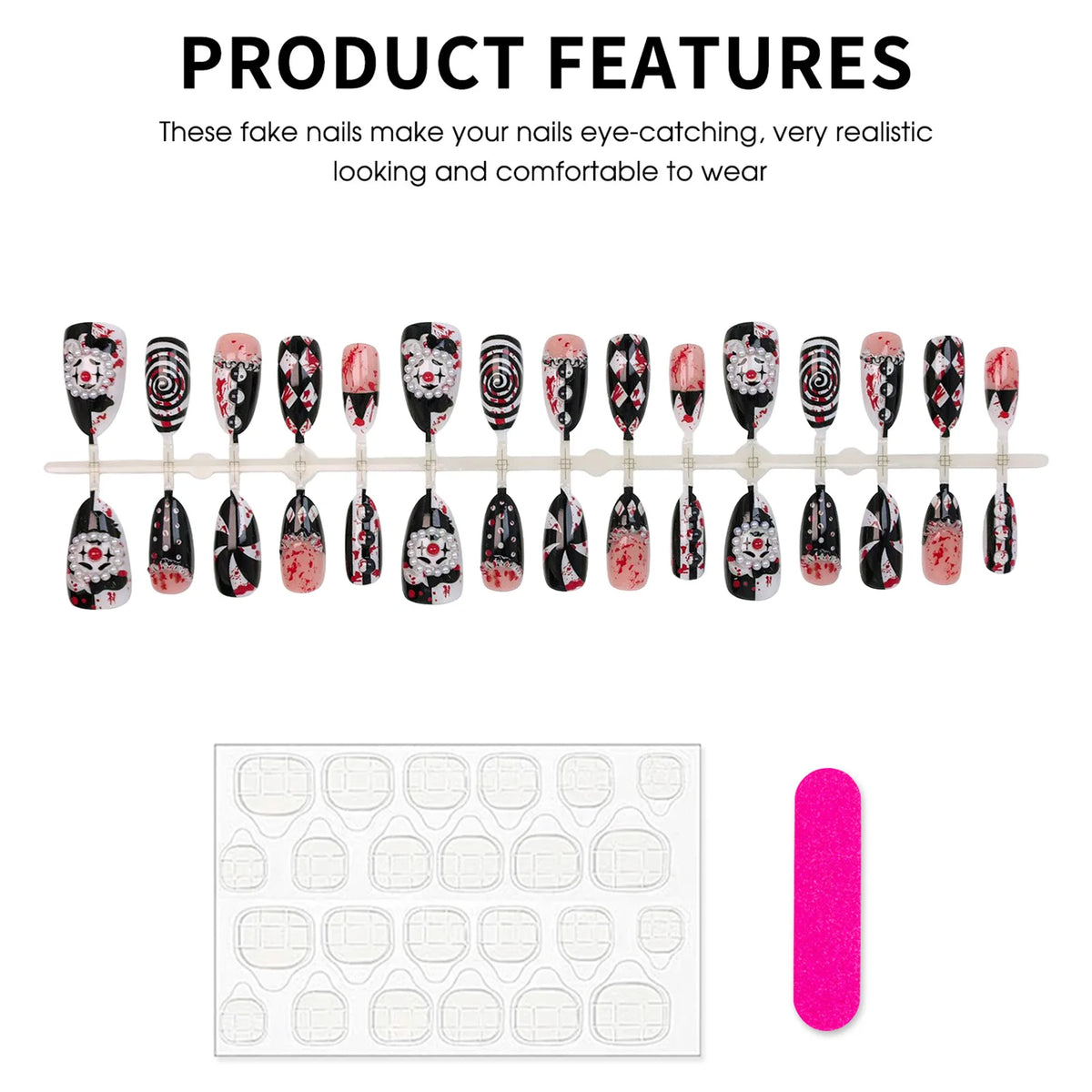 30pcs Funny Dark Clown Press On Nails Halloween French Style Almond False Nails 3D Relief Pearl Spiral Stripes Designs Fake Nail
