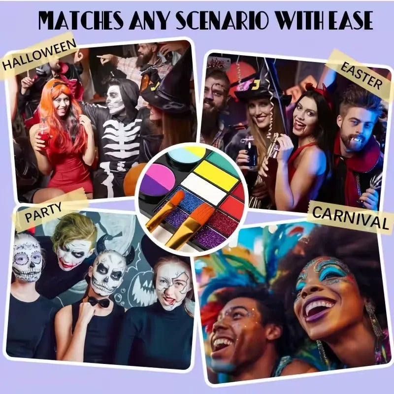 44-Colors Water-Based Face Paint Set with Glitter Makeup- Matte & Shimmer Face & Body Paint Palette Kit for Festivals Cosplaly