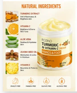 ROZINO Turmeric Vitamin Hand and Foot Cream has a fine and soft texture, and is refreshing and non-sticky when applied. Infused with turmeric and a variety of vitamin nourishing ingredients, it gently repairs fragile skin on