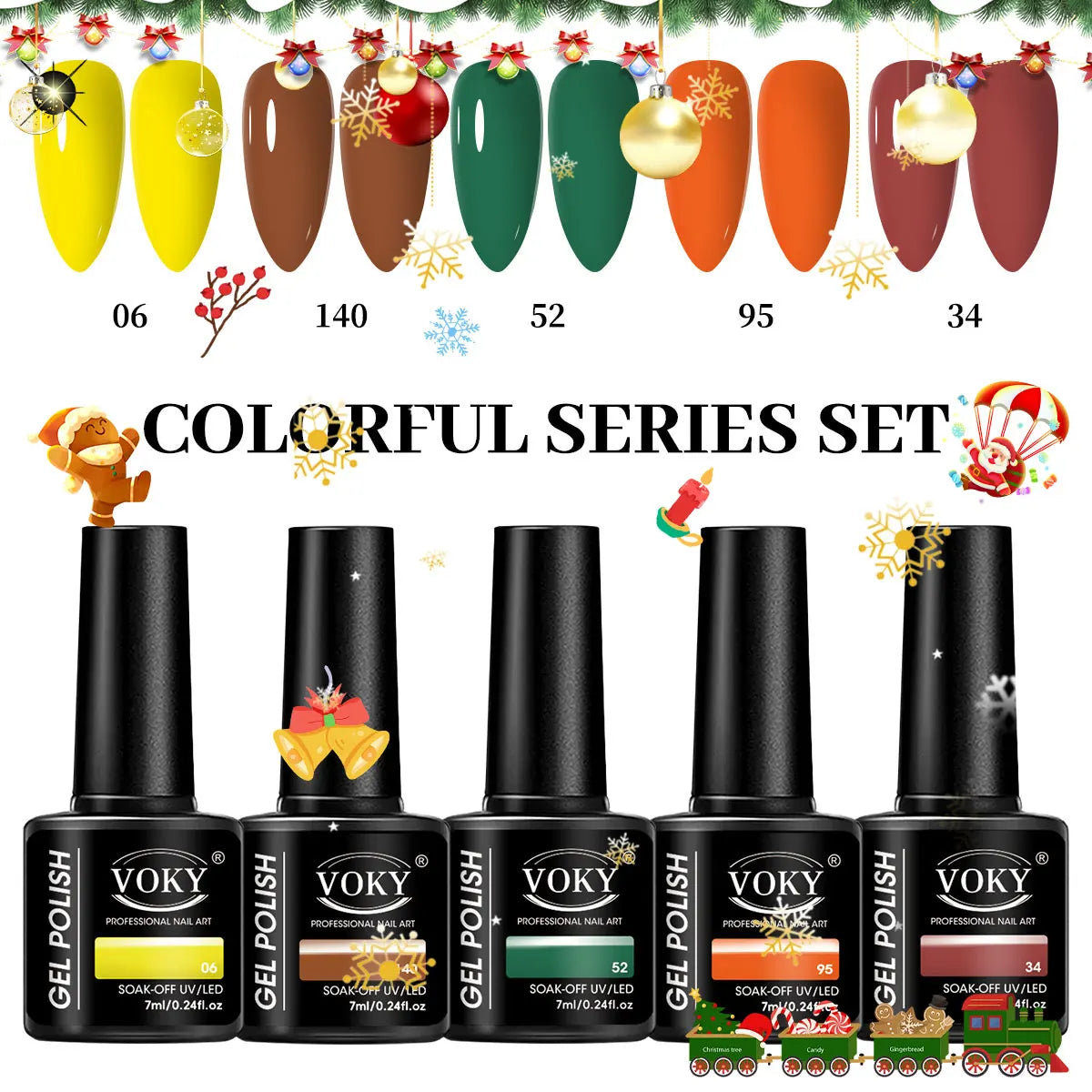 VOKY 5-color nail polish set, in Christmas color scheme, high-saturation nail polish gel, salon-quality nails, DIY home nail art