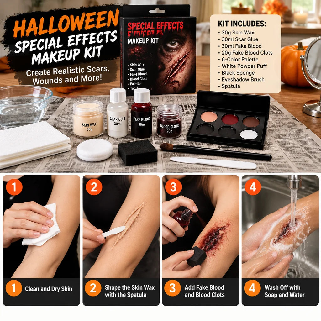 Halloween Makeup Kit 200g SFX Scar Wax Fake Blood Gel Set Safe Special Effects Wound Makeup Zombie Party Supplies For Women
