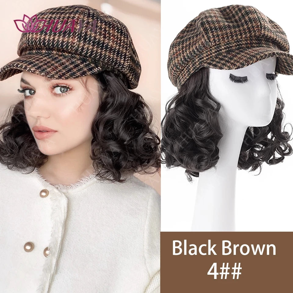 Synthetic Short Curly Wave Hat Wig for Women Fashion Beret Hair Extensions Autumn Winter Women Hat Wig Accessories