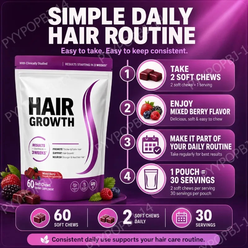 Hair Wellness Soft Chews with Biotin 10000mcg Vitamins C E Supports Healthy Looking Hair Mixed Berry 60 Soft Chews