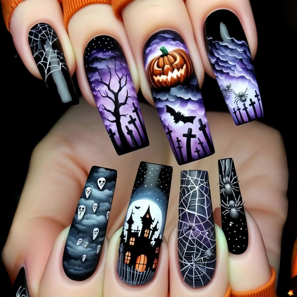 24pcs Long Coffin False Nails Press on Halloween Purple Nails Tip Pumpkin Castle Design Fake Nail Art Wearable Finished Manicure