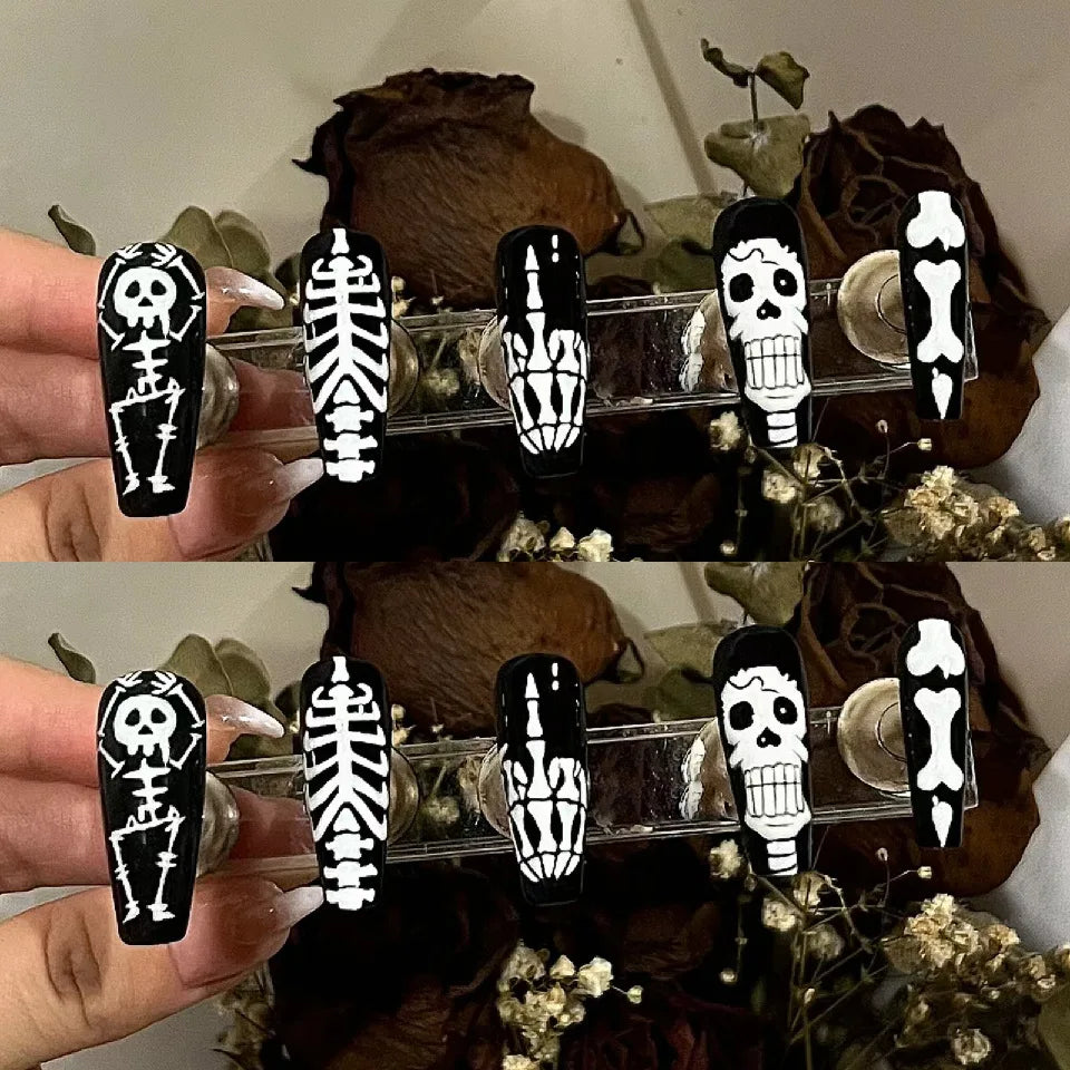 24pcs Halloween False Nails Ghost Witch Pumpkin Print Fake Nails Tips Wearable Detachable European Long Ballet Press on Nails