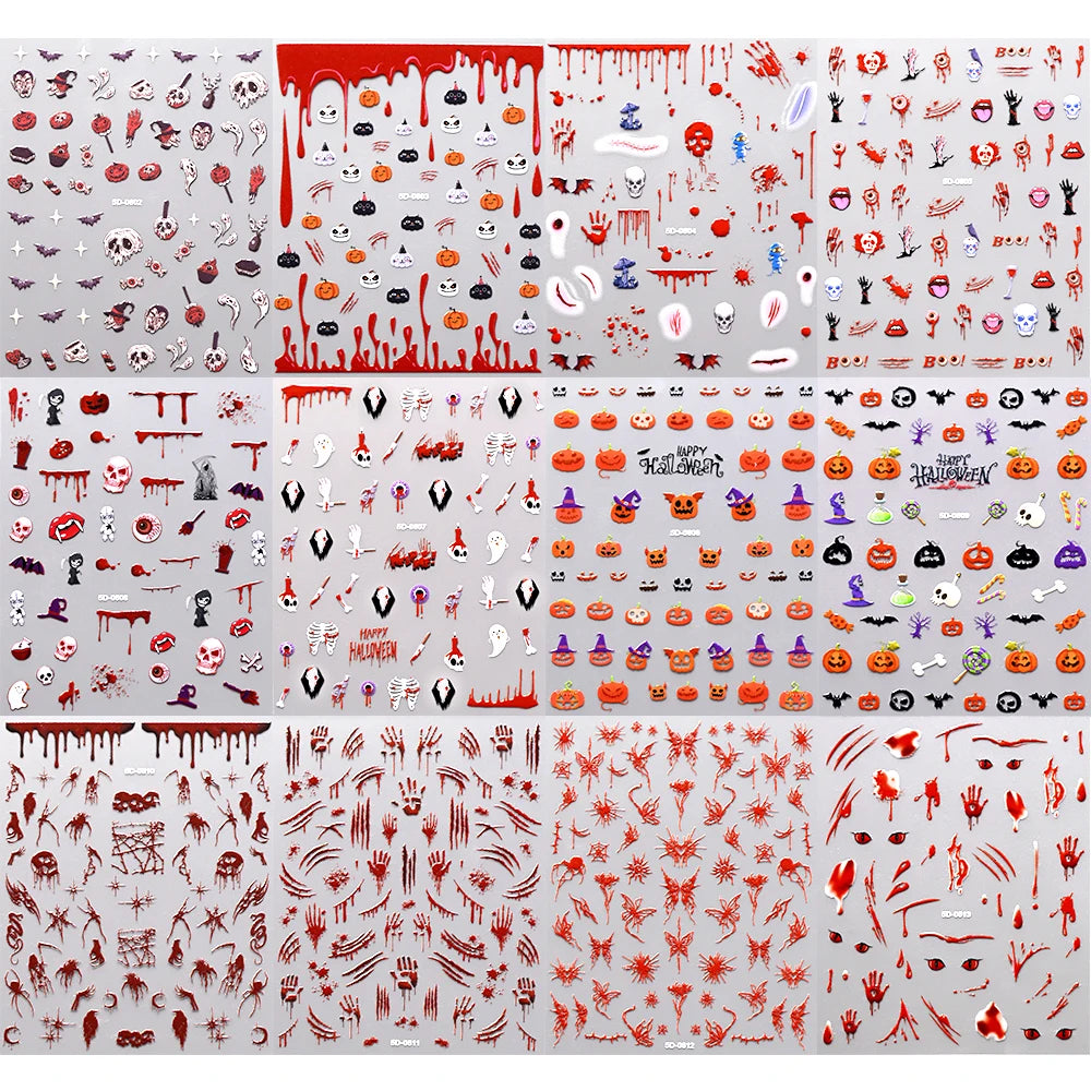 1sheet Bleeding Scars Skeleton Halloween Nail Stickers Ghost Face Pumpkin Eyeball Horrible Nail Decals Halloween Manicure Slider
