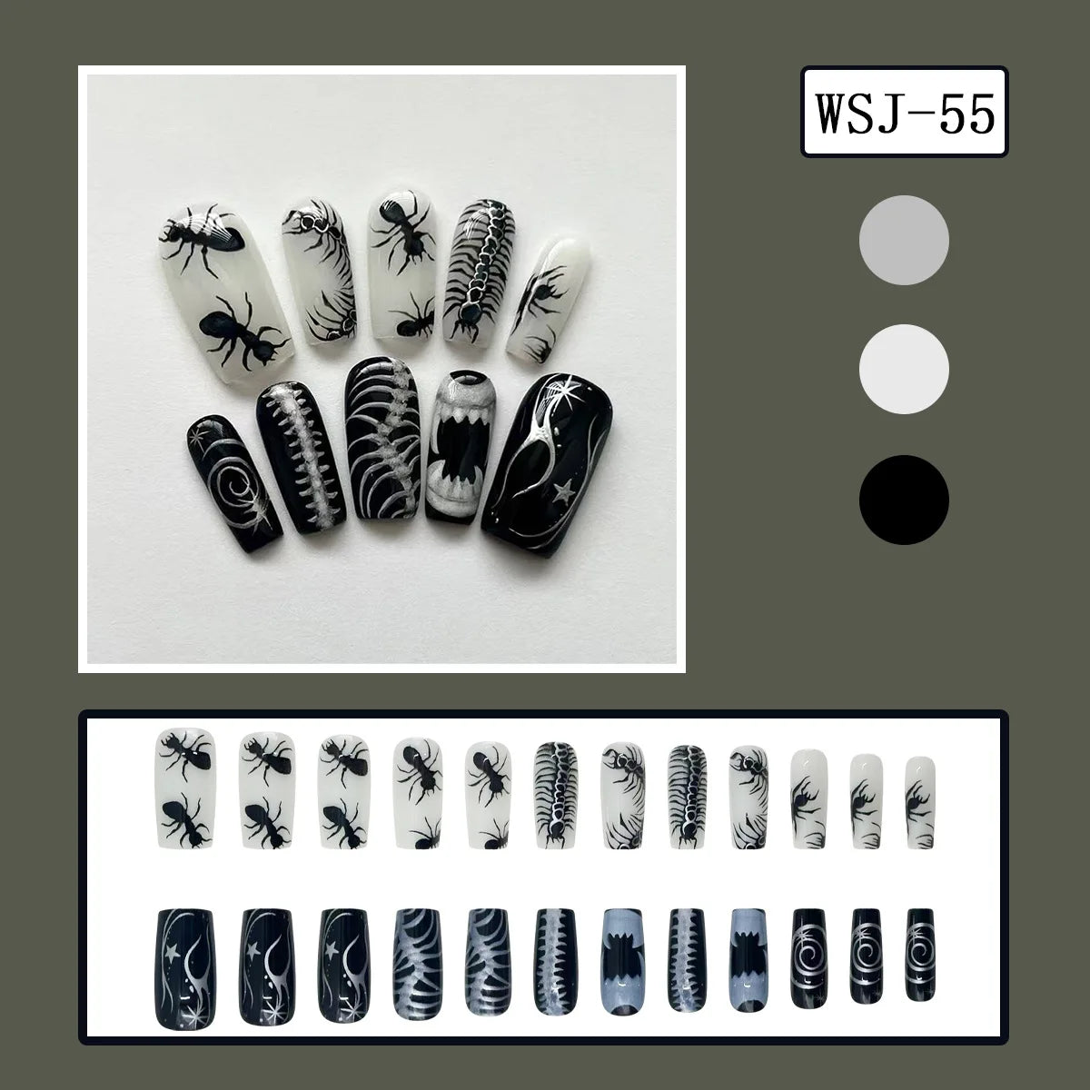 24pcs Gothic Punk Fake Nail Tips Black Ant Centipede Print Coffin Head Press on Nails Wearable European Halloween  False Nails