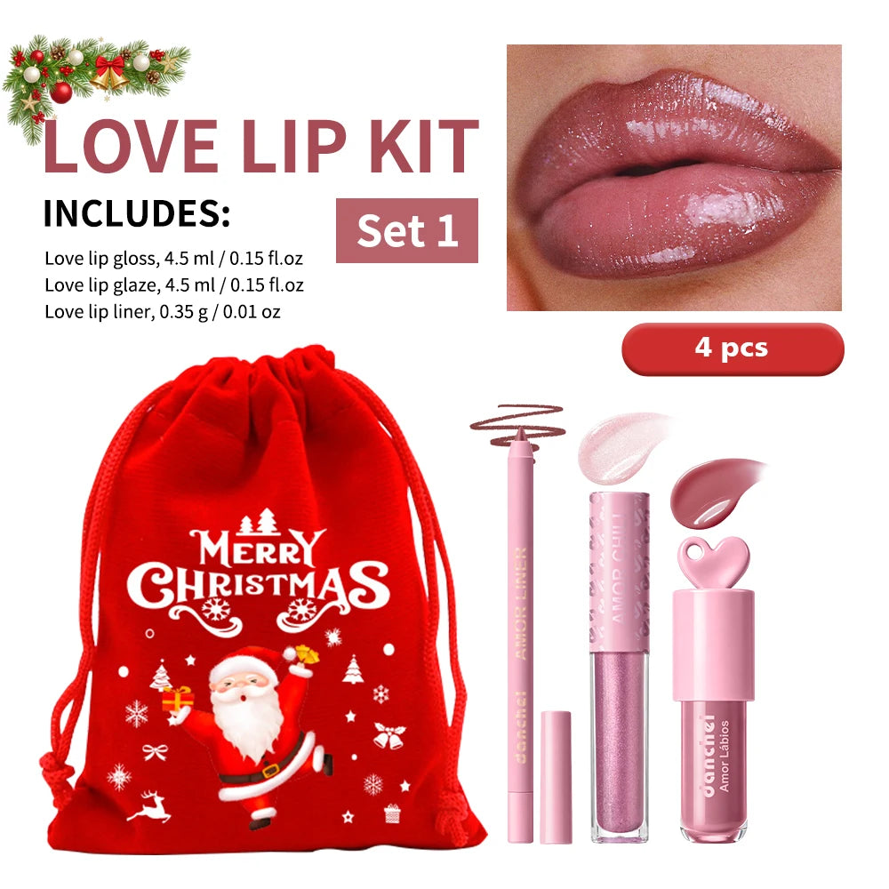 Christmas Gift For Women Lip Makeup Set 3Pcs Lip Cosmetic Kit Heart Shape Plumper Lip Gloss Lip Line Longwear Hydratin