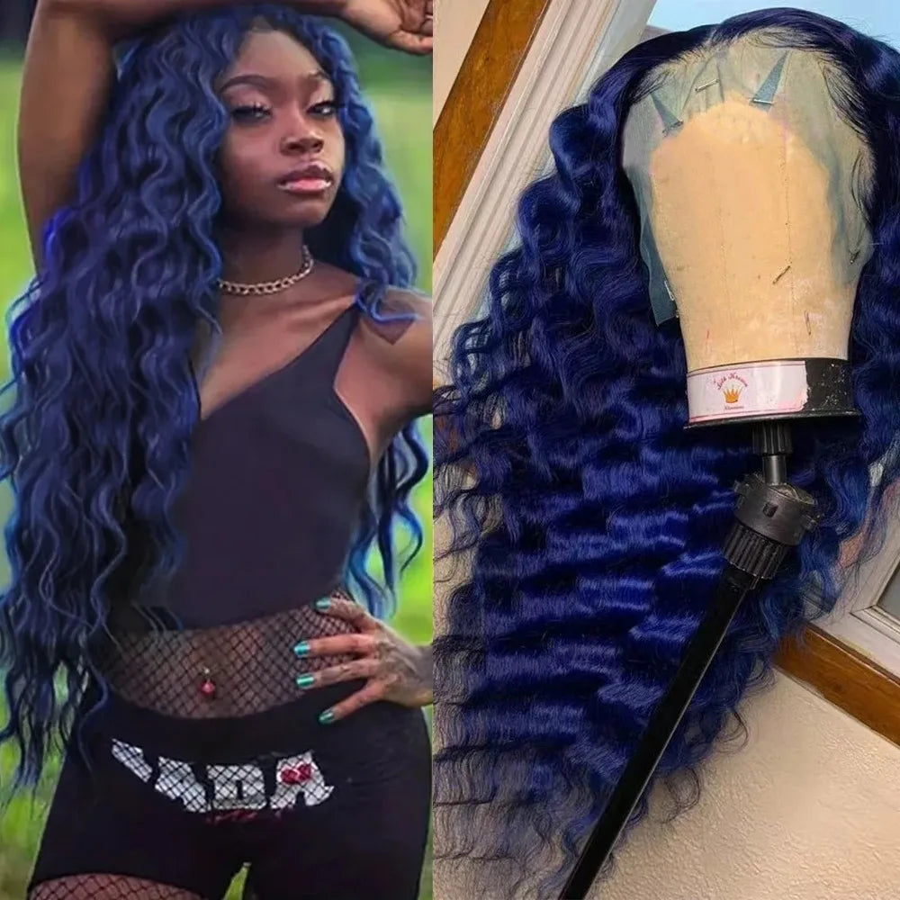 Navy Blue Light Pink Deep Wave Lace Front Wigs Free Part Long Curl Wavy Heat Fiber Synthetic Wig Makeup Cosplay Black Women Use