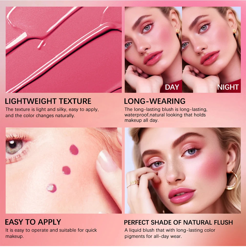 9 Shades Beauty Liquid Blush Lightweight Blendable Dewy Finish Liquid Cheek Tint Long‑Wearing Natural Flush Multi‑Use Face Blush Makeup