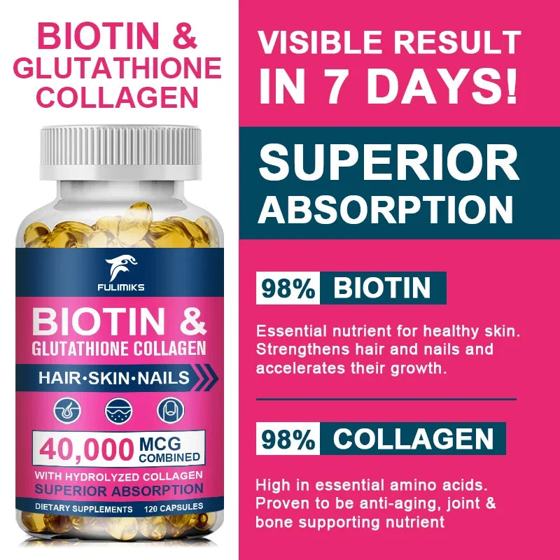 High Biotin 5000mcg Capsules with Hydrolyzed Fish Collagen & MSM, Healthy Hair, Glowing Skin, Strong Nails & Anti-Aging Support