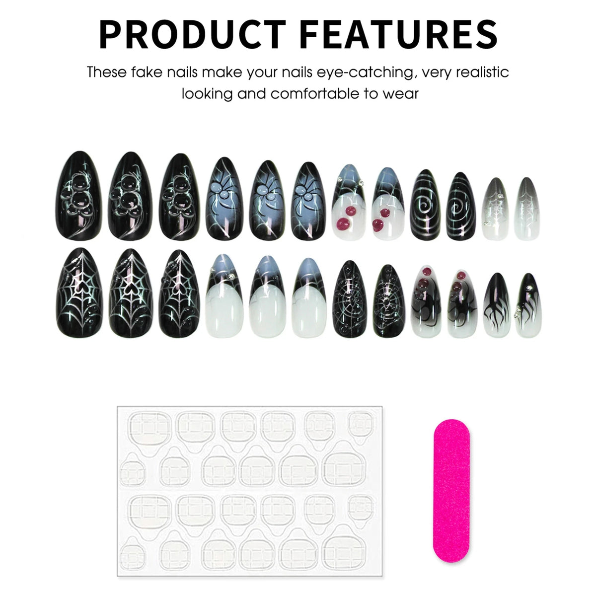 24pcs 3D Silver Spider Web Press On Nails Halloween French Style Stacking Diamond False Nails Dark Almond DIY Party Fake Nail