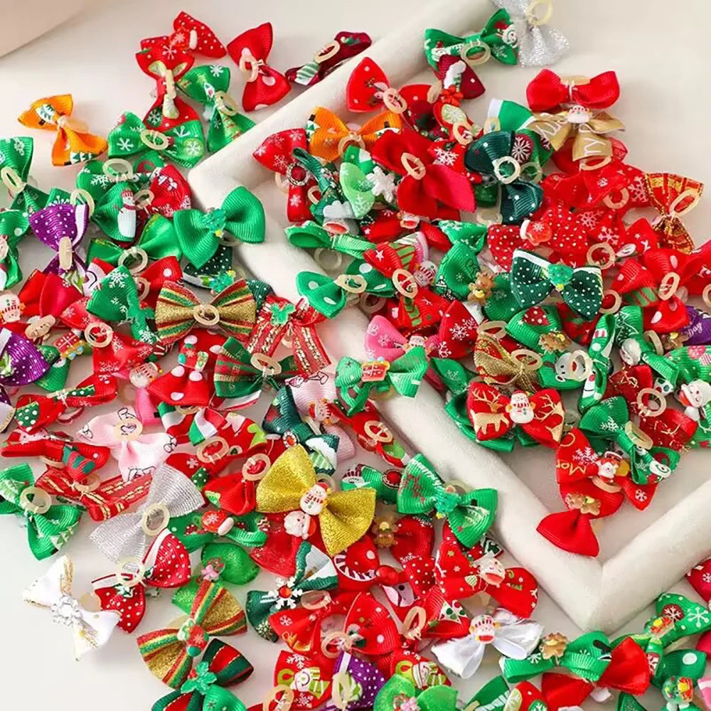 50/100pcs Christmas Pet Dog Cat Hair Bows Xmas Style Hair Rubber Bands for Puppy Small Dogs Grooming Bows Dog Hair Accessories
