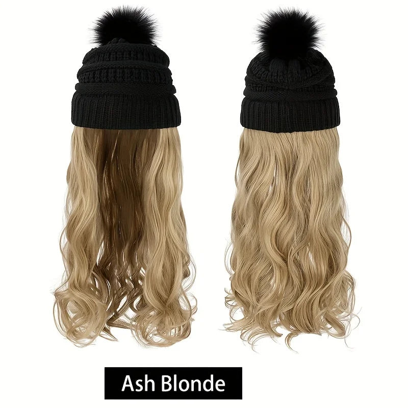 20inch Long Water Wavy Synthetic Hairpiece Beanie Hat - Woven Wigs with Knit Pom Cap and Warm Winter Design - Soft, Detachable,