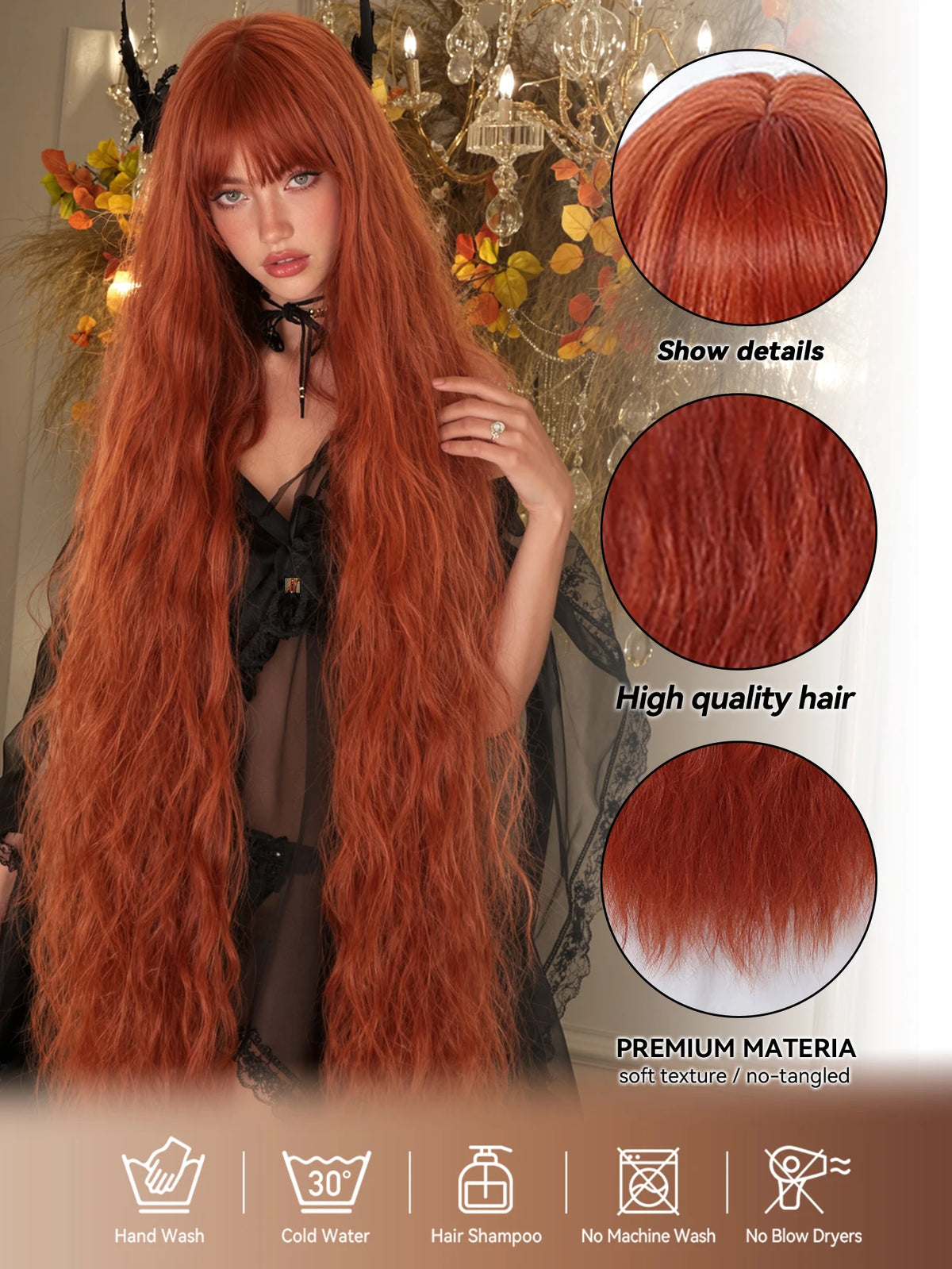 Copper Red Super Long Curly Synthetic Wig with Bangs Ginger Lolita Wavy Heat Resistant Cosplay Halloween Party Wigs for Women