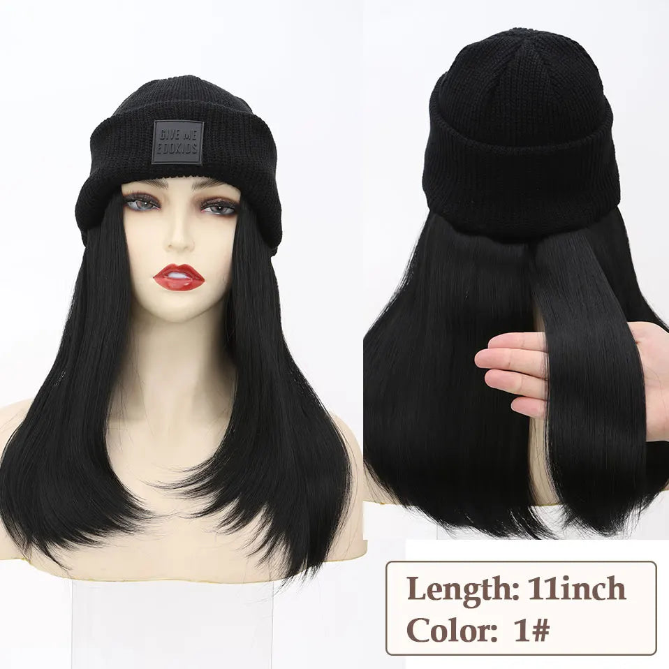 Hat Wig Knitted Beanie Wig Hat Hair Extension 11''18'' Long Wavy Curly Black Hat Wig Synthetic Hairpiece for Women Girls Winter