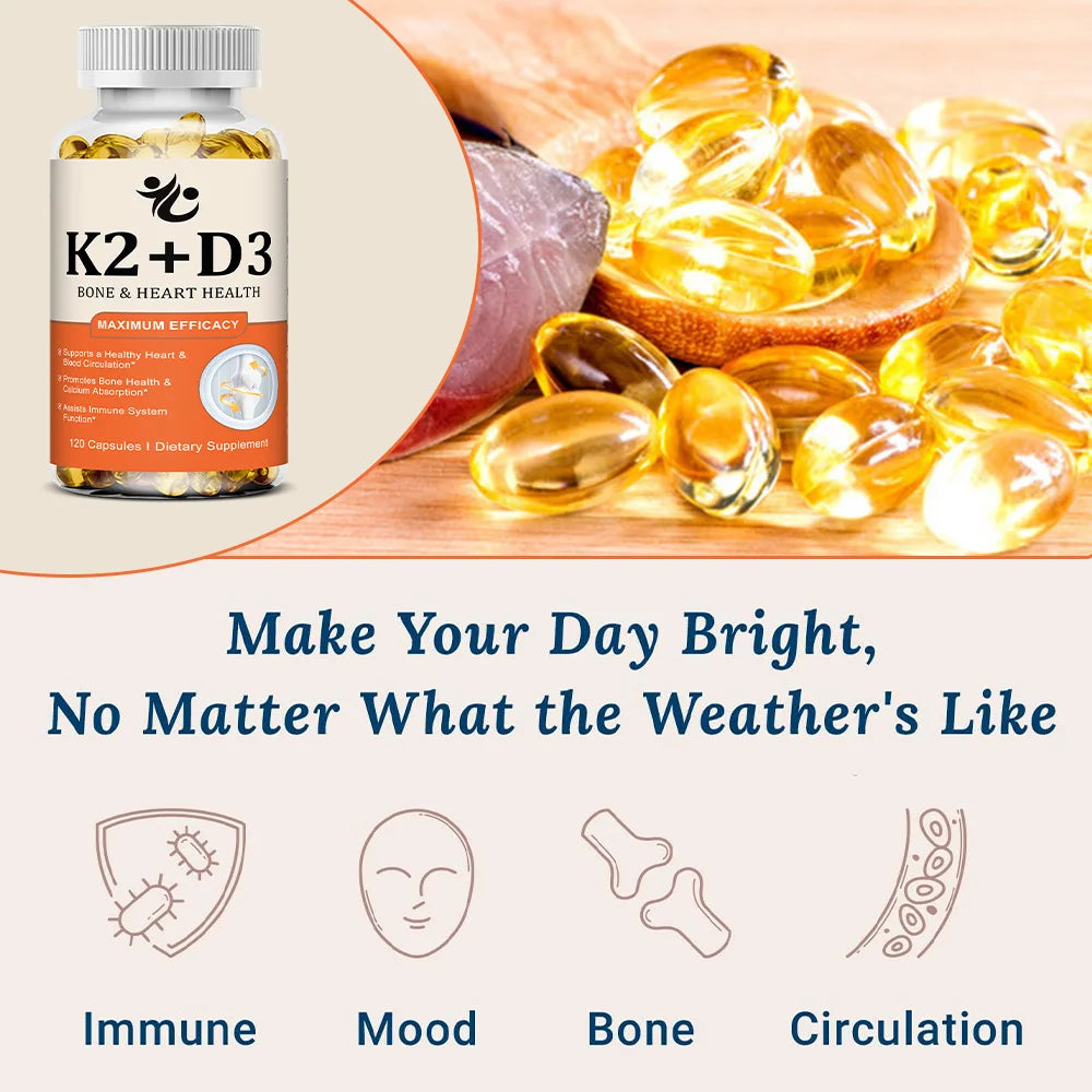 Vitamin D3 + K2 Capsules, Support Calcium Absorption, Bone & Joint Wellness, Cardiovascular Function and Immune System Health