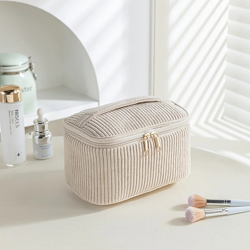 Corduroy Makeup Bag Large Capacity Travel Cosmetic Case Personalized Name Embroidery Toiletry Bag Women Portable Organizer