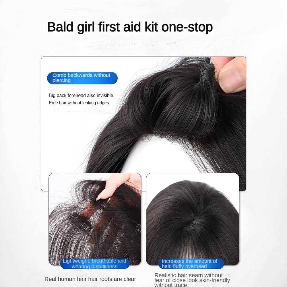7x11cm Ultra-Thin Mesh Hair Toppers Clip-In Bangs Human Hair Fluffy Volumizing Cover Gray Hair Invisible Natural Women Daily