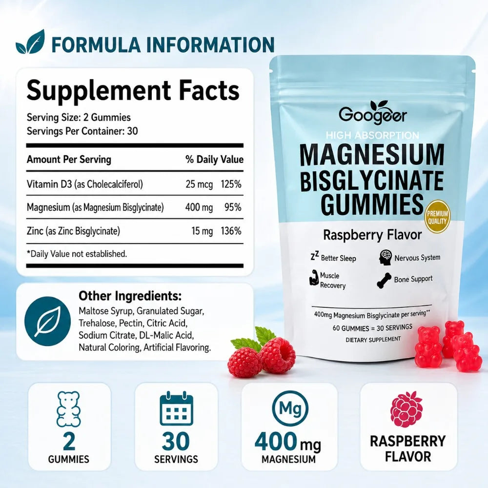 Magnesium Bisglycinate Gummies Raspberry Flavor, 400mg Magnesium, Vitamin D3 Zinc, High Absorption, 60 Count Daily Supplement