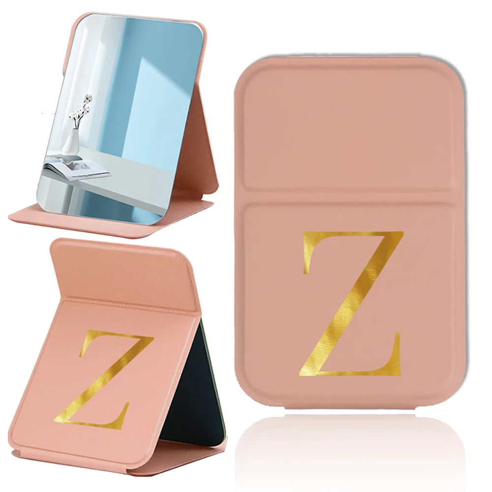 Personalized Pu Vanity Mirror Portable Handheld Makeup Mirror Folding Desktop Makeup Mirror Pocket Cosmetic Tool Letter Pattern