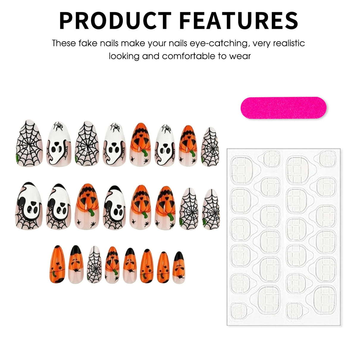 24pcs Halloween Press On Nails Ghost Pumpkin Spider-Web Bat Design Fake Nails For Women Girls Wearable False Nail Tips