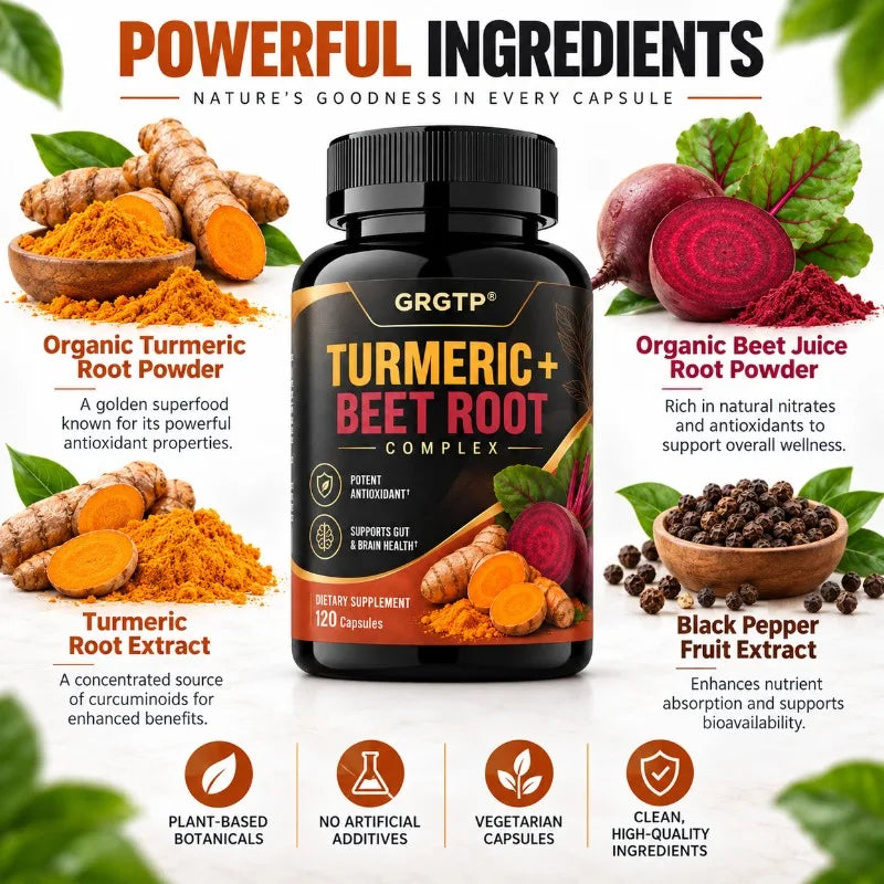 Turmeric + Beet Root Complex - Antioxidant, Blood Circulation,Natural Energy and Overall Vitality, Supports Gut and Brain Health