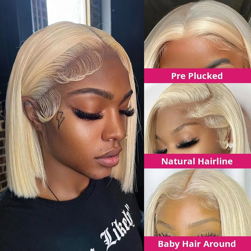 Human Hair Wigs 613 Blonde Colored Straight Short Bob 220% Density 13x6 Full Frontal HD Transparent Lace Pre-plucked 8-14 Inch