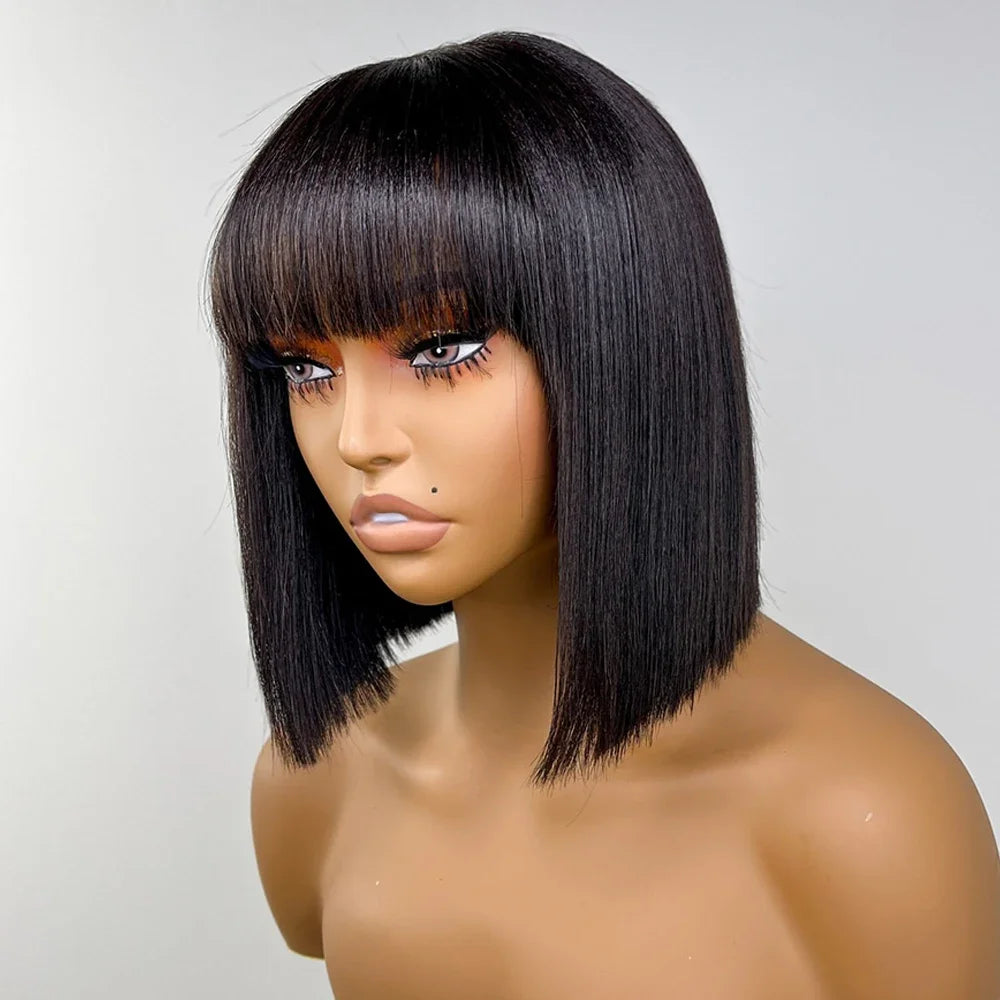 Peruvian Hair Straight Bob Non Lace Wigs 100% Human Hair Wig With Bang Natural Color Short Inch Bob Lace Wig For Black Women