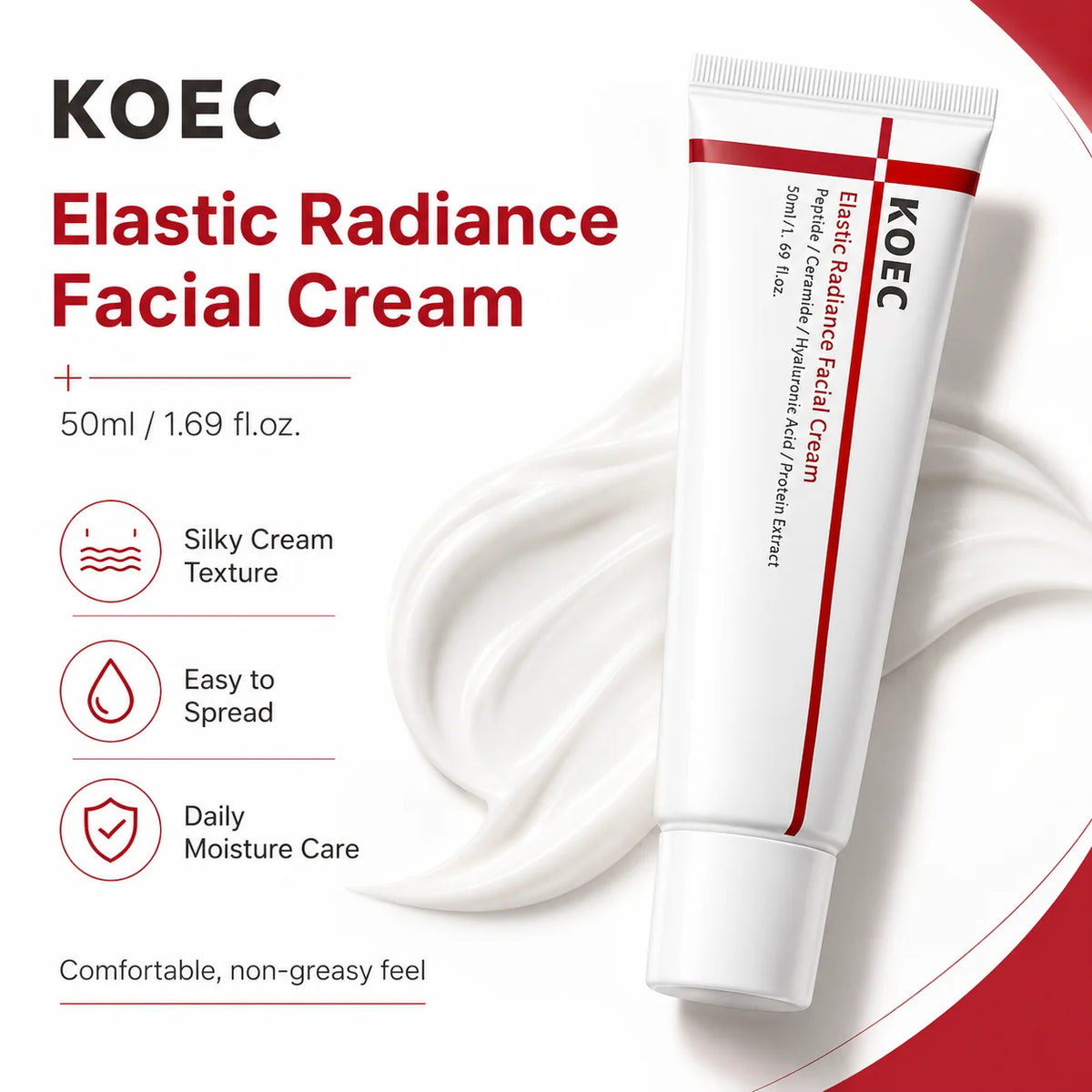 KOEC Elastic Radiance Facial Cream with Peptides, Ceramides & Centella Asiatica | Soothing Moisturizer for Face Cream, 1.69 Fl. oz