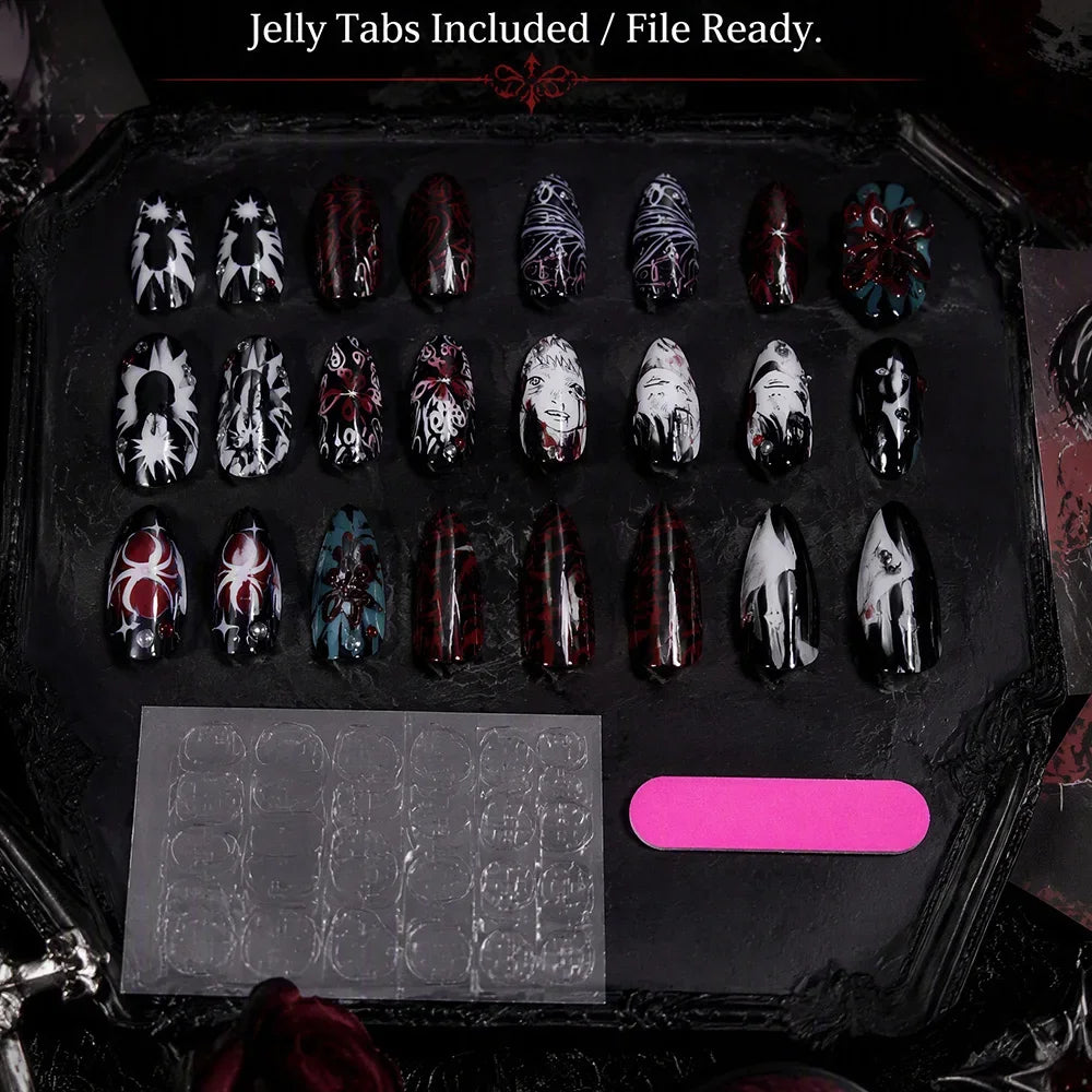 24Pcs Gothic Anime Press On Nails Black Red Almond Oval Fake Nails with 3D Rhinestone Spider Flower for Y2K Halloween Party Wear