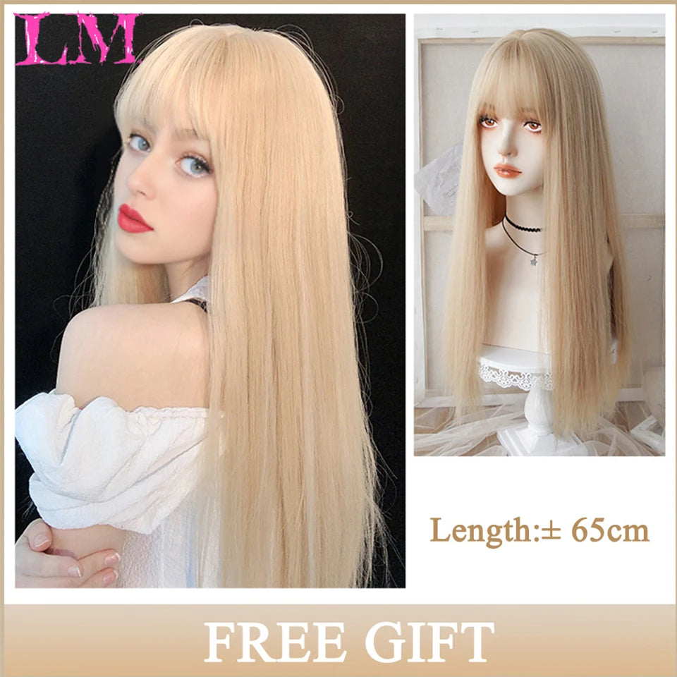 LM Light Blonde Wave Hair Wig Synthetic Long Wavy Wigs with Bangs for Women Cosplay Natural High Temperature Fiber
