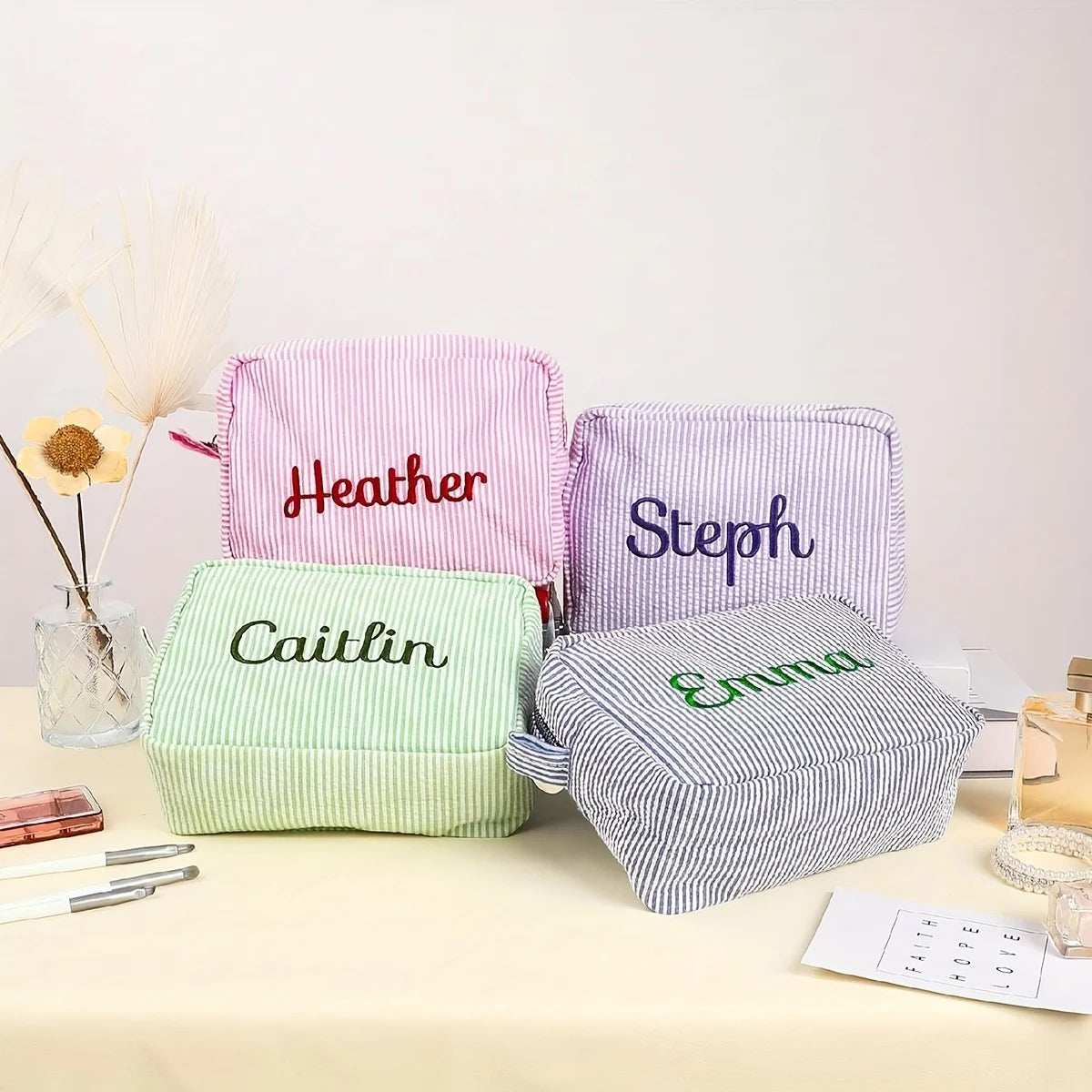 Custom Name Embroidered Makeup Bag Striped Cosmetic Pouch Travel Toiletry Organizer Large Capacity Zipper Pencil Case Gift Women