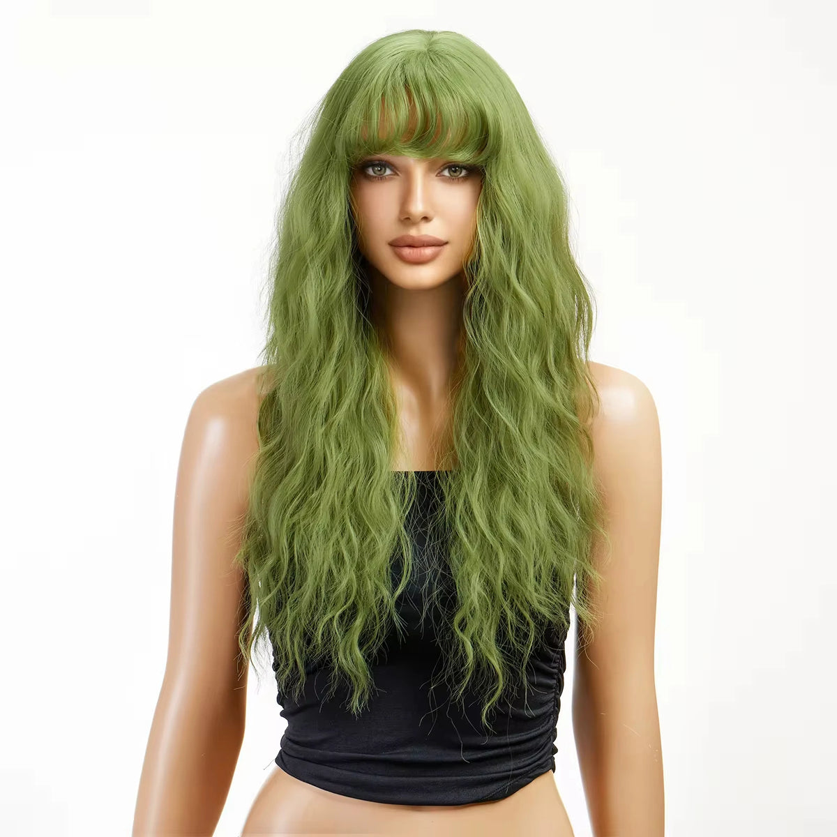 HENRY MARGU Light Green Curly Synthetic Wigs Long Colorful Wig with Bangs Heat Resistant Fiber for Cosplay Party Women Girls Use