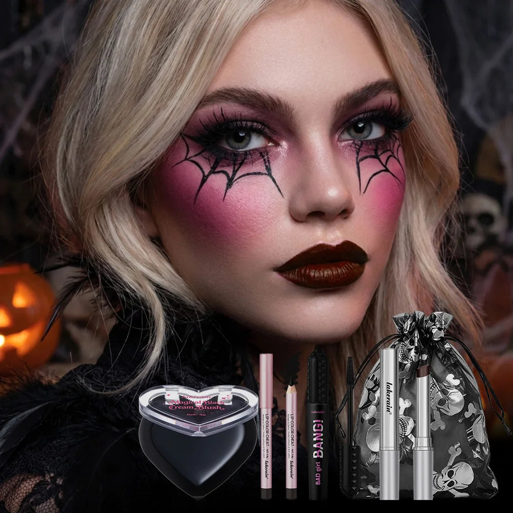 Halloween Gothic Makeup Kit High Saturated Color Long-Lasting Easy Off Safe Formula Blush Lip Crayon Mascara for Daily & Party