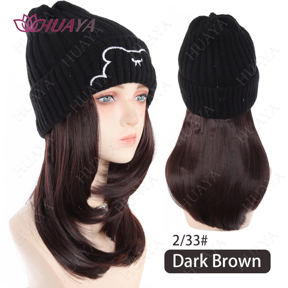 Synthetic Hat Wig Medium Length Straight Hair knitted Hat Wig Hair Extensions Accessories Autumn Winter Cap Warm Velvet Lining
