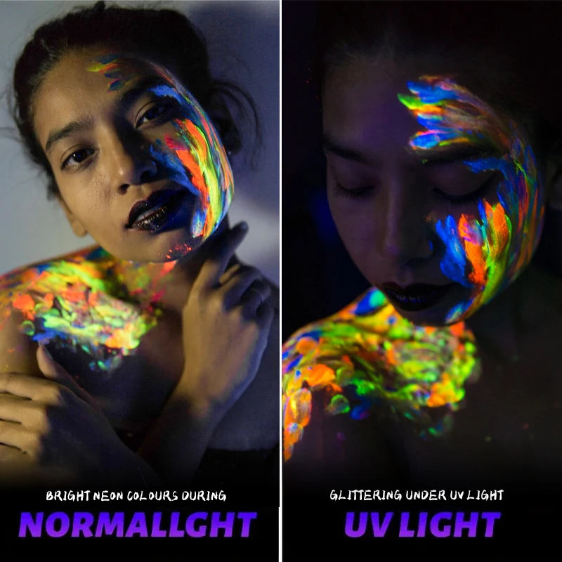 10ml 8 Colors UV Blacklight Face Paint with tattoo stickers，Fluorescent Neon Body Paints,Washable Quicker, Mardi Gras Halloween