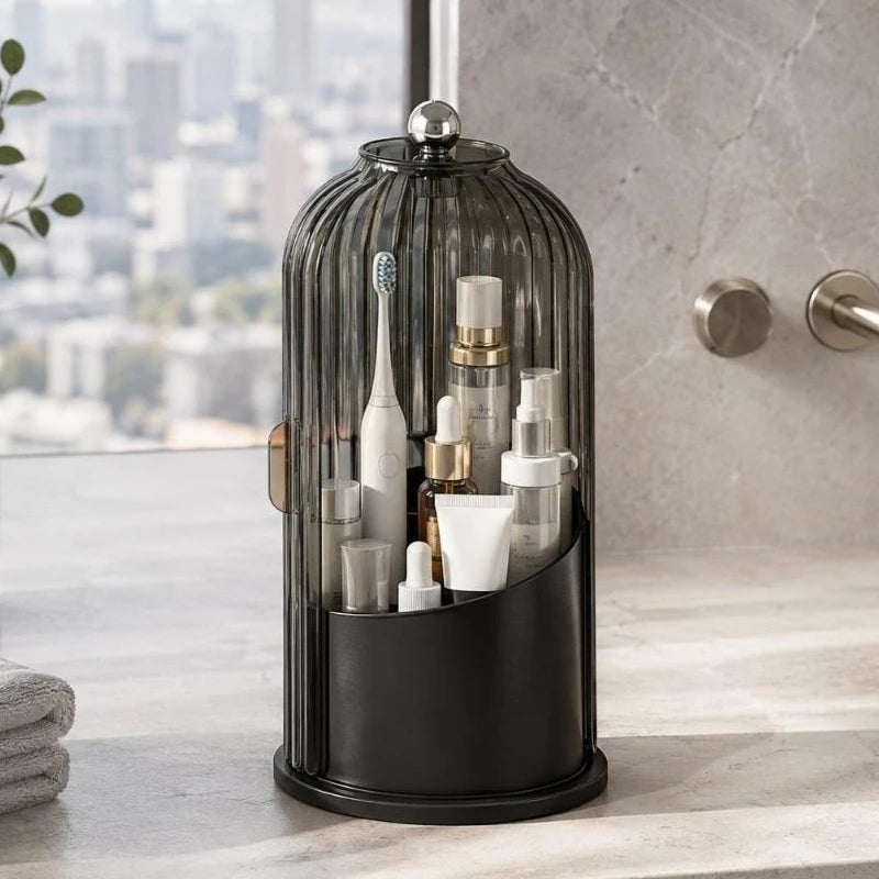 Makeup Brush Holder Organizer With Lid,360 Rotating Dustproof ABS Storage Caddy,3 Slots Sliding Lid Toothbrush Holder With Non-Slip Base,Multi-Use Space-Saving Organizer For Makeup Brushes Toothpaste,Perfect For Vanity Bathro