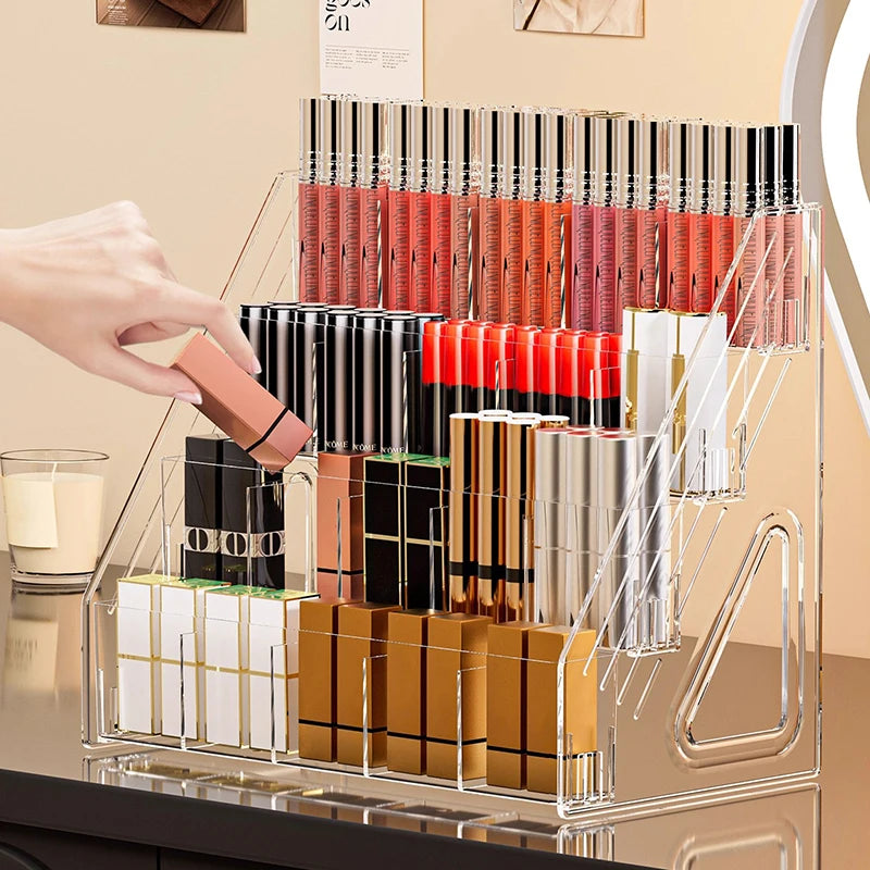 Compartmentalized Lipstick Storage Box, Premium Cosmetic Organizer, Transparent Stepped Desktop Holder, Makeup Brush Pen Holder
