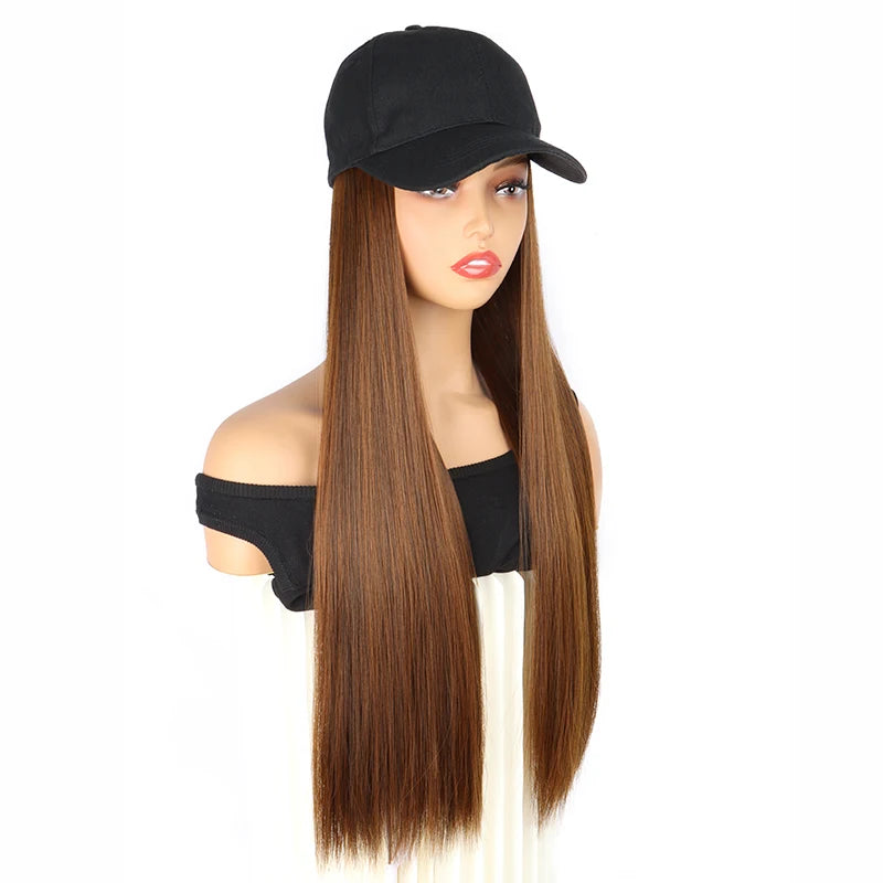24Inch Synthetic Long Straight Baseball Hat Adjustable Wig Black Brown Hairpiece for Women