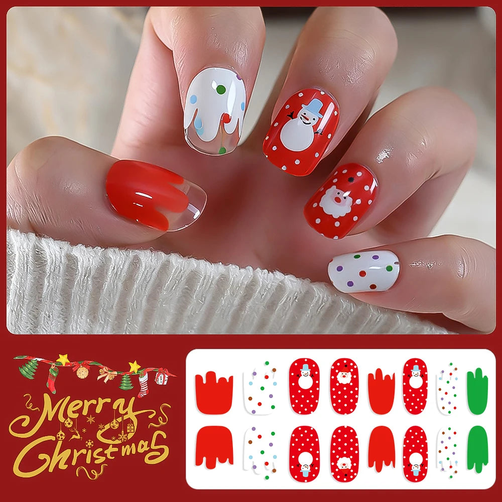 16Tips 3D Full Cover Christmas Series Nail Stickers Adhesive No Light Need Nail Art Wraps Strips Festival Manicure Polish Tips *