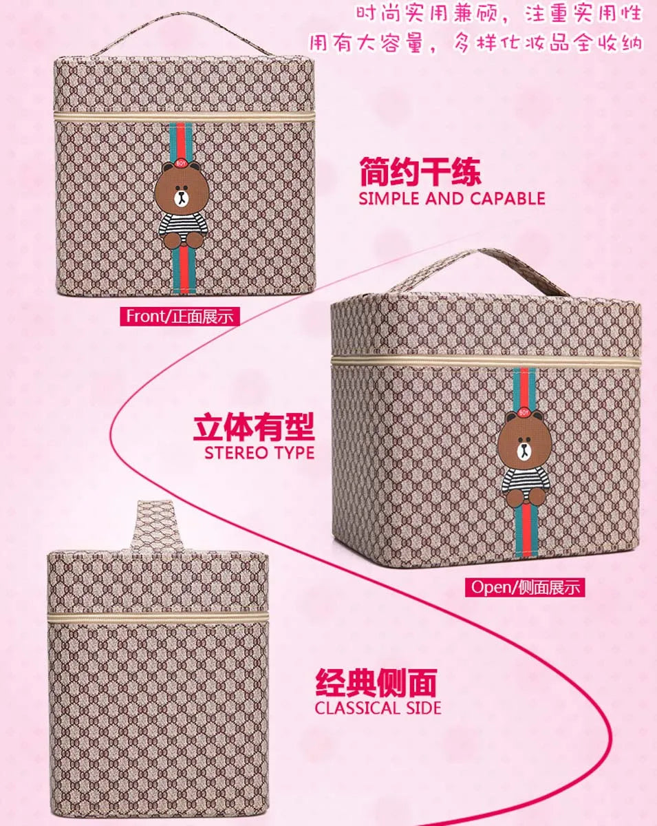 Large capacity new makeup bag Travel portable makeup case Portable high-end PU leather cosmetics storage bag cute bear pattern