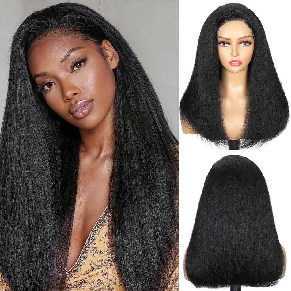 100% Human Hair Bob Yaki Straight Glueless HD Lace Closure Wigs 4C Precut Kinky Straight 5x5 Lace Wig With Drawstring PrePlucked
