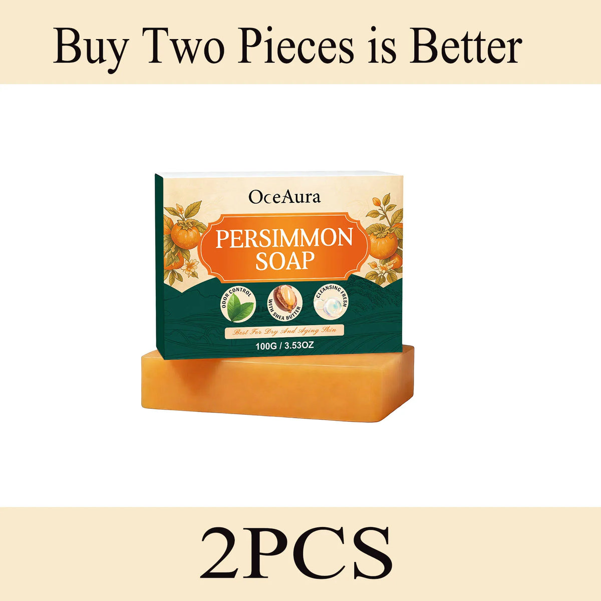 OceAura Persimmon Soap Bar Gentle Body Cleanser Moisturizing Nourishing Refreshing Smooth Skin Daily Bath
