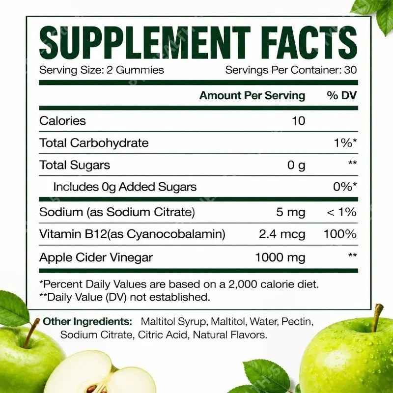 Apple Cider Vinegar B12 Gummies Free Vegan Gluten-Free for Healthy Metabolism & Daily Wellness Support for Men Women 60 Gummies