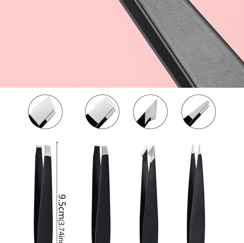 4Pcs Face Hair Removal Eyebrow Tweezers Pincet Clips Stainless Steel Lash Extension Tweezers Slant and Flat Point Beauty Tools